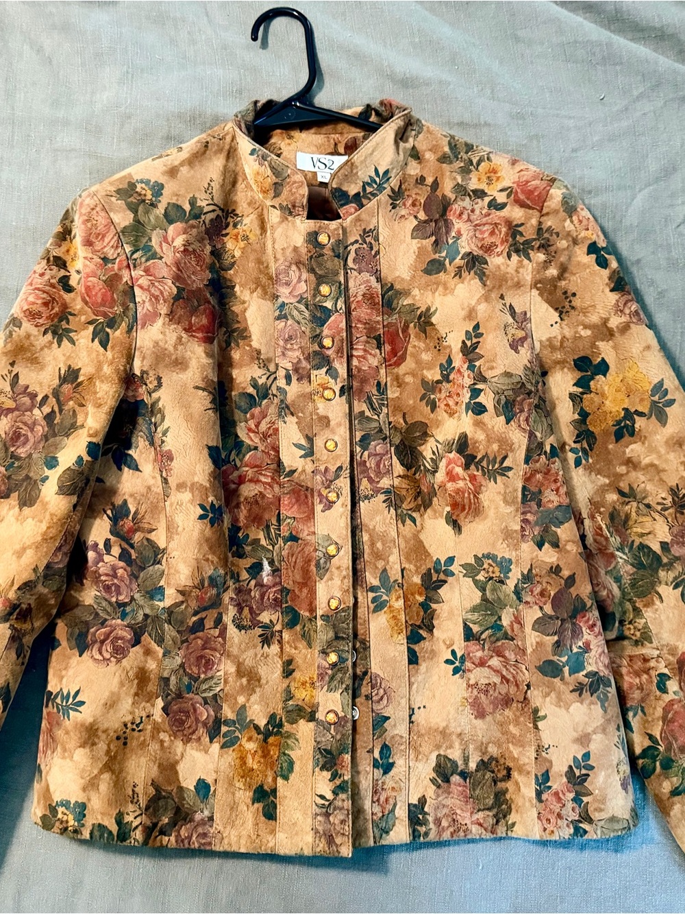 Vintage VS2 Suede Beige Floral Women’s XL Jacket with Multi-Color Blooms